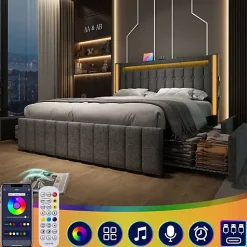 Lit adulte rembourré 160x200 cm en lin - 2 tiroirs - avec fonction de charge et éclairage LED - Gris
