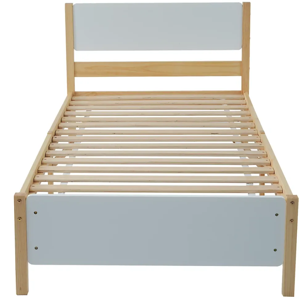 Lit adulte simple en bois - cadre en pin avec tête de lit et sommier à lattes lit en MDF blanc + naturel - 90x200 cm