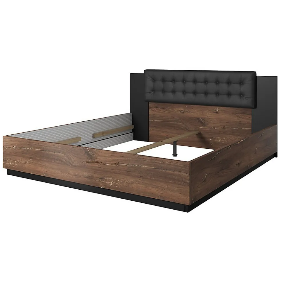 Lit adulte 160x200 Chene foncé et noir Collection FOX Sommier inclus