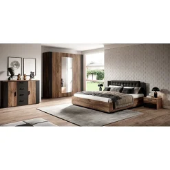 Lit adulte 160x200 Chene foncé et noir Collection FOX Sommier inclus