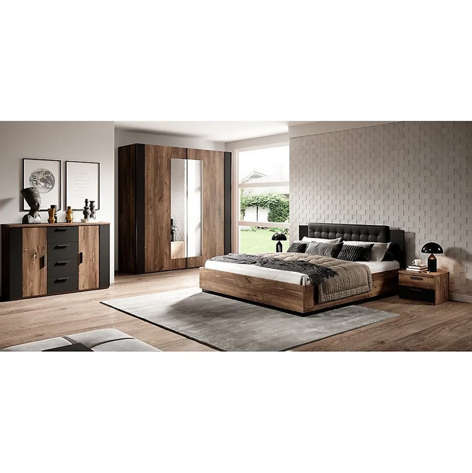 Lit adulte 160x200 Chene foncé et noir Collection FOX Sommier inclus