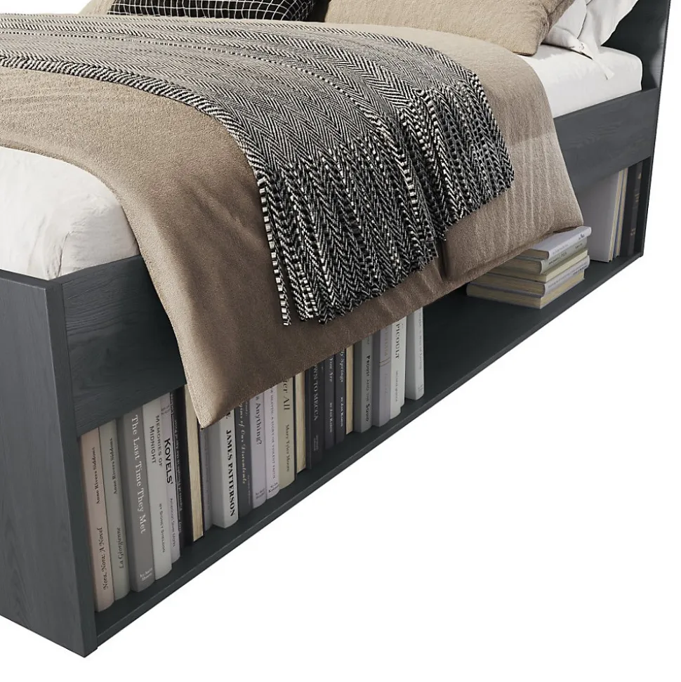 Lit adulte 160x200 avec sommier et tiroirs intégrés - Collection FLOYD. Coloris gris effet bois.