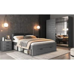 Lit adulte 160x200 avec sommier et tiroirs intégrés - Collection FLOYD. Coloris gris effet bois.