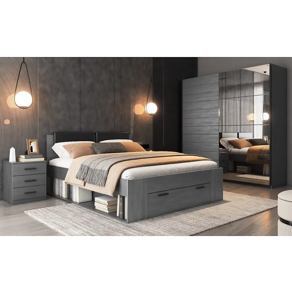 Lit adulte 160x200 avec sommier et tiroirs intégrés - Collection FLOYD. Coloris gris effet bois.