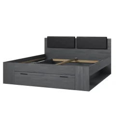 Lit adulte 180x200 avec sommier et tiroirs intégrés - Collection FLOYD. Coloris gris effet bois.
