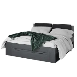 Lit adulte 180x200 avec sommier et tiroirs intégrés - Collection FLOYD. Coloris gris effet bois.