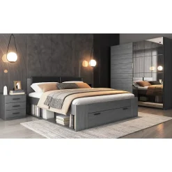 Lit adulte 180x200 avec sommier et tiroirs intégrés - Collection FLOYD. Coloris gris effet bois.