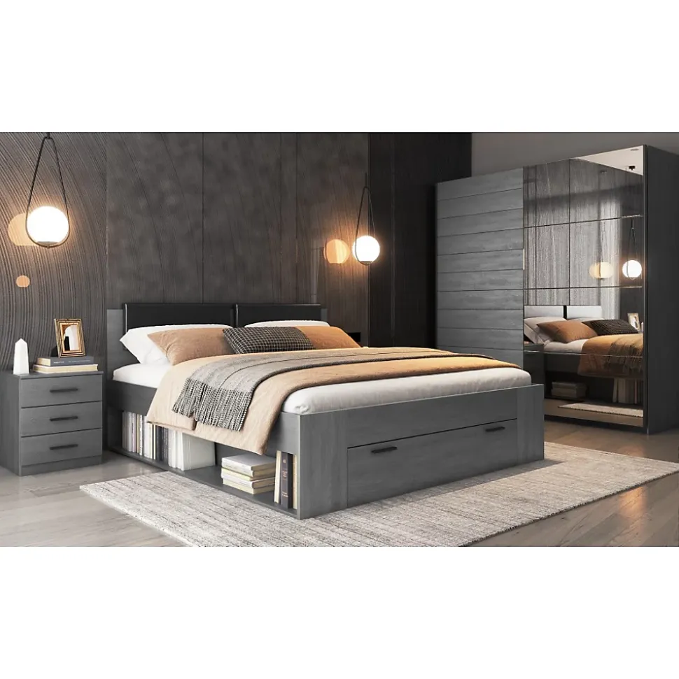 Lit adulte 180x200 avec sommier et tiroirs intégrés - Collection FLOYD. Coloris gris effet bois.