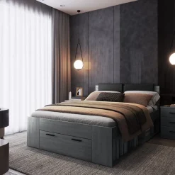 Lit adulte 140x200 avec tiroirs intégrés - Collection FLOYD. Coloris gris effet bois