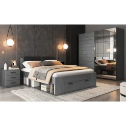Lit adulte 140x200 avec tiroirs intégrés - Collection FLOYD. Coloris gris effet bois