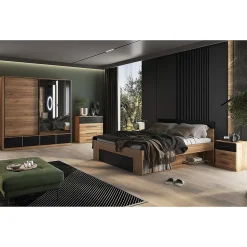 Lit adulte 160x200 avec tiroirs intégrés - Collection EOS. Coloris chene clair et noir.