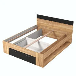 Lit adulte 160x200 avec tiroirs intégrés - Collection EOS. Coloris chene clair et noir.