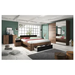 Lit adulte 160x200 avec tiroirs intégrés - Collection EOS. Coloris chene foncé et noir