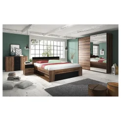 Lit adulte 160x200 avec tiroirs intégrés - Collection EOS. Coloris chene foncé et noir