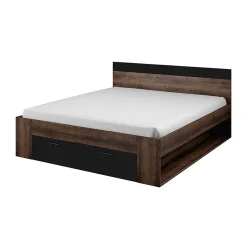 Lit adulte 160x200 avec tiroirs intégrés - Collection EOS. Coloris chene foncé et noir