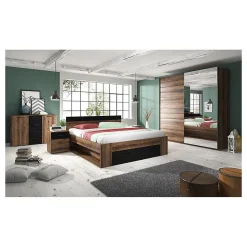 Lit adulte 180x200 avec tiroirs intégrés - Collection EOS. Coloris chene foncé et noir