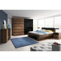 Lit adulte 160x200 avec tiroirs intégrés - Collection FLOYD. Coloris chene foncé et noir