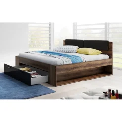 Lit adulte 160x200 avec tiroirs intégrés - Collection FLOYD. Coloris chene foncé et noir