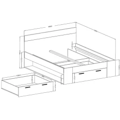 Lit adulte 160x200 avec tiroirs intégrés, sommier inclus, collection EOS, chene clair et noir