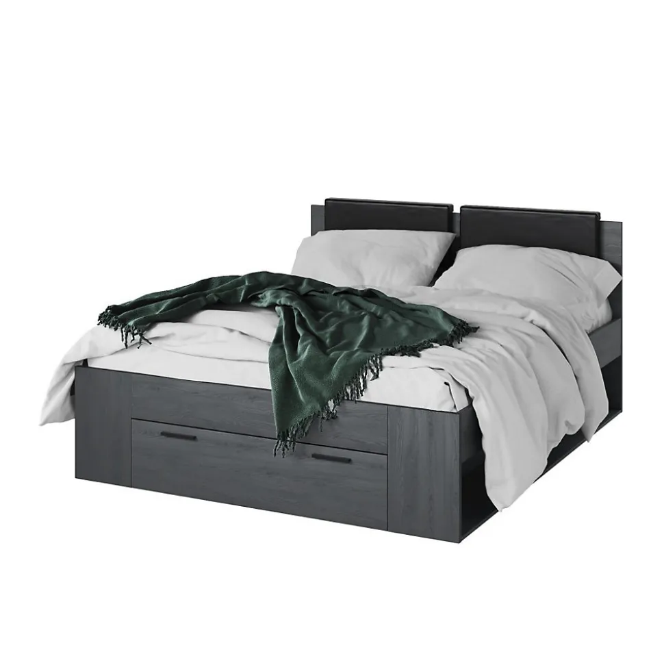 Lit adulte 160x200 avec tiroirs intégrés - Collection FLOYD. Coloris gris effet bois