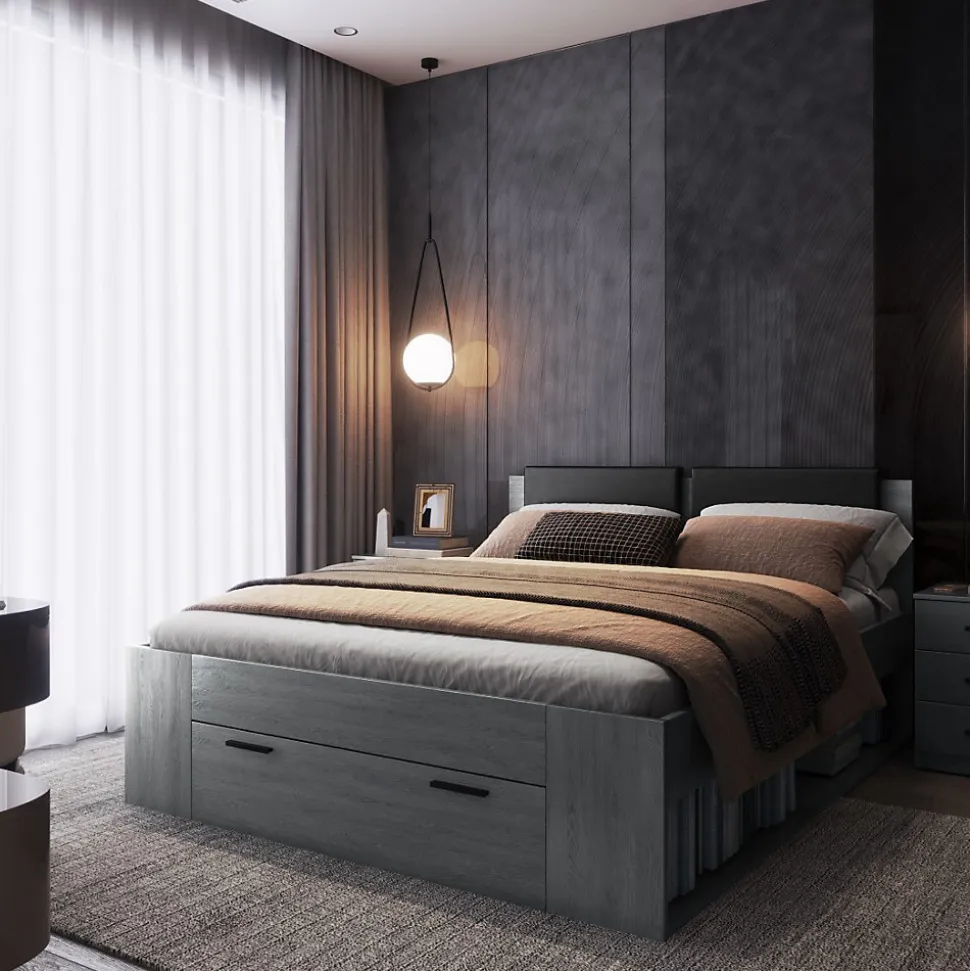 Lit adulte 160x200 avec tiroirs intégrés - Collection FLOYD. Coloris gris effet bois