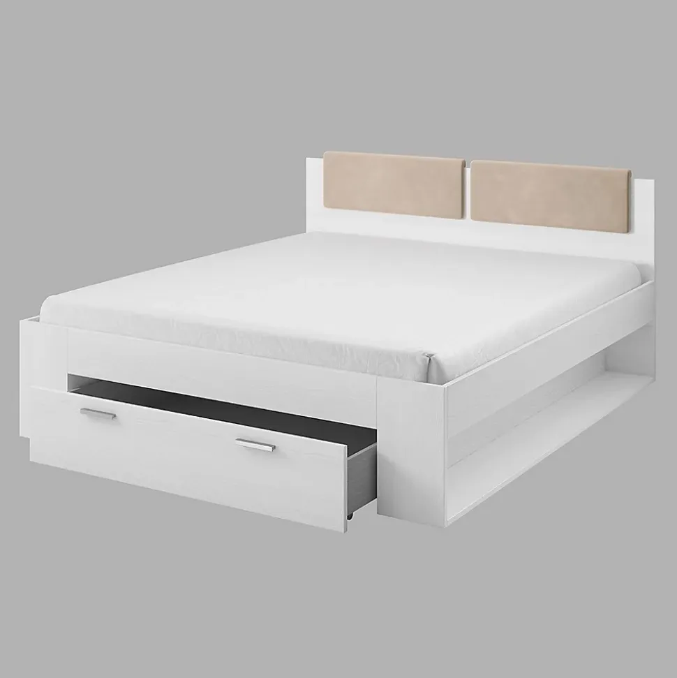 Lit adulte 180x200 avec tiroirs intégrés - Collection FLOYD. Coloris blanc effet bois.