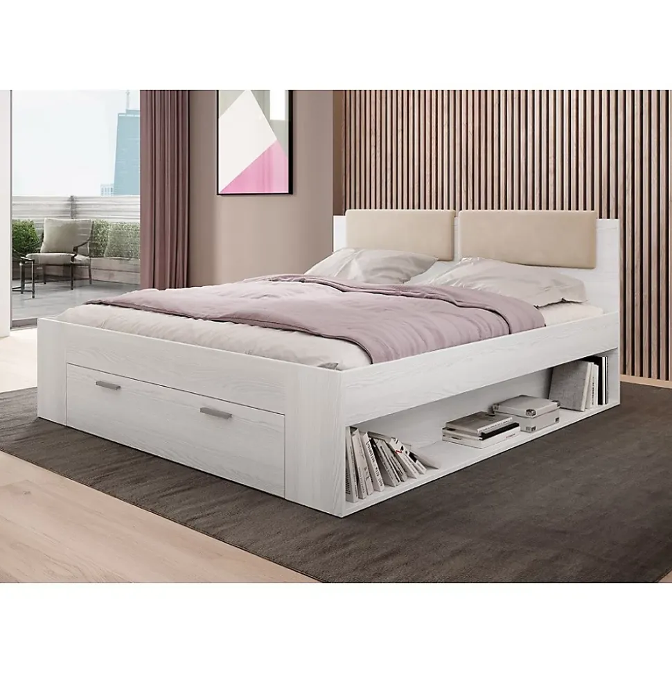 Lit adulte 180x200 avec tiroirs intégrés - Collection FLOYD. Coloris blanc effet bois.