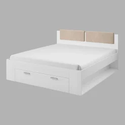 Lit adulte 180x200 avec tiroirs intégrés - Collection FLOYD. Coloris blanc effet bois.