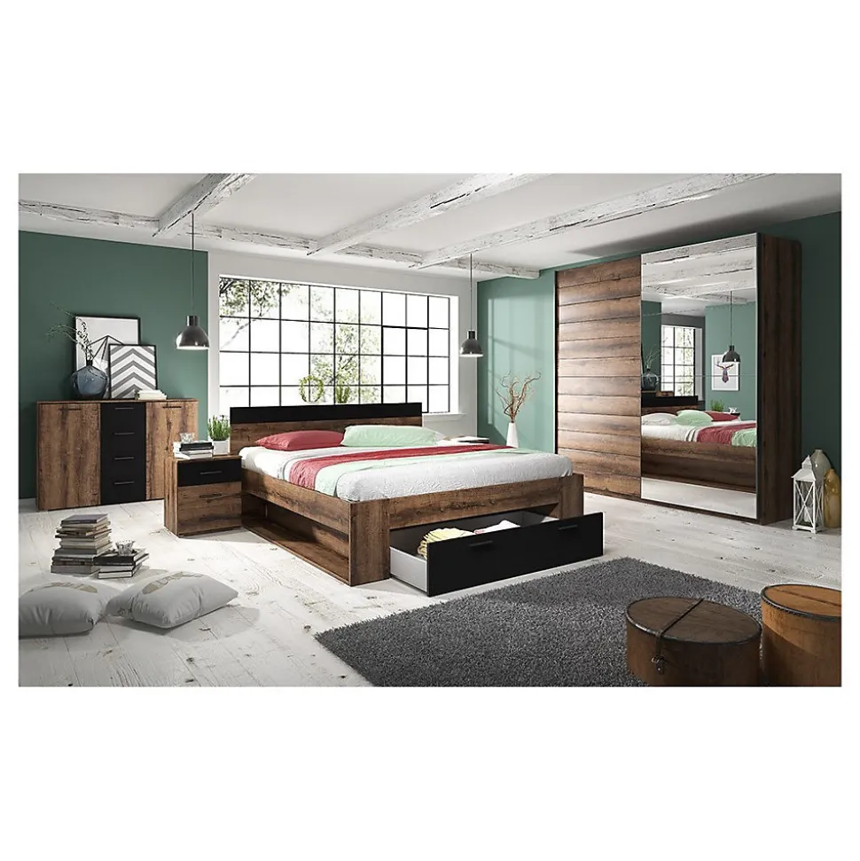 Lit adulte 160x200 avec tiroirs intégrés - Collection EOS. Coloris chene foncé et noir