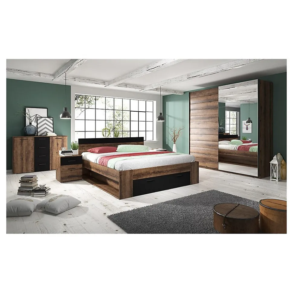 Lit adulte 160x200 avec tiroirs intégrés - Collection EOS. Coloris chene foncé et noir