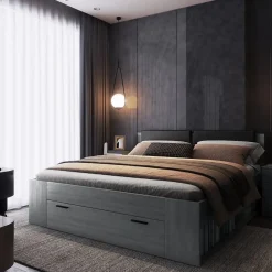 Lit adulte 180x200 avec tiroirs intégrés - Collection FLOYD, Coloris gris effet bois