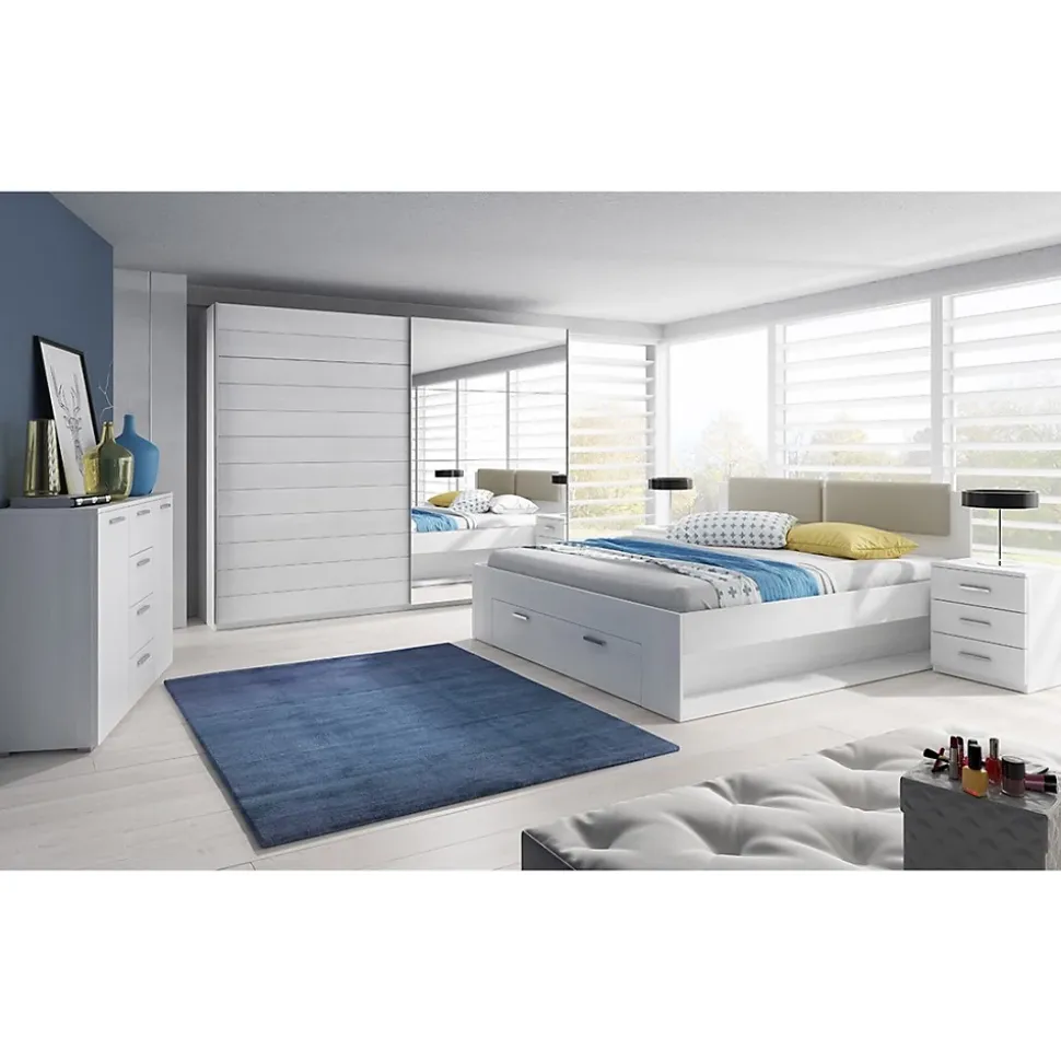 Lit adulte 180x200 avec tiroirs intégrés - Collection FLOYD, Coloris blanc effet bois