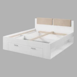 Lit adulte 180x200 avec tiroirs intégrés - Collection FLOYD, Coloris blanc effet bois