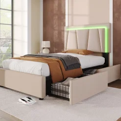 Lit Adulte 90x200 cm avec LED et Tiroirs - Lit Capitonné avec Tête Réglable et Rangement - en Lin Beige, Sans Matelas