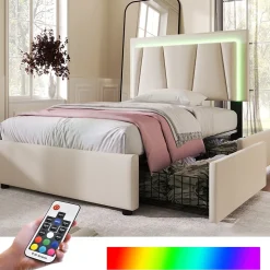 Lit Adulte 90x200 cm avec LED et Tiroirs - Lit Capitonné avec Tête Réglable et Rangement - en Lin Beige, Sans Matelas