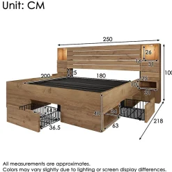 Lit adulte 180x200 cm en bois + MDF - avec table de chevet suspendue - LED + prises chargement - Naturel (sans matelas)