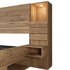 Lit adulte 180x200 cm en bois + MDF - avec table de chevet suspendue - LED + prises chargement - Naturel (sans matelas)