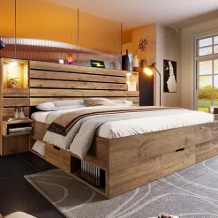 Lit adulte 180x200 cm en bois + MDF - avec table de chevet suspendue - LED + prises chargement - Naturel (sans matelas)