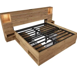 Lit adulte 180x200 cm en bois + MDF - avec table de chevet suspendue - LED + prises chargement - Naturel (sans matelas)