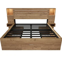 Lit adulte 160x200 cm en bois+MDF - avec table de chevet suspendue - LED + prises chargement - Naturel (sans matelas)