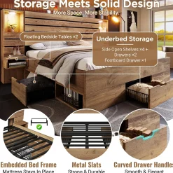 Lit adulte 160x200 cm en bois+MDF - avec table de chevet suspendue - LED + prises chargement - Naturel (sans matelas)