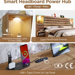 Lit adulte 160x200 cm en bois+MDF - avec table de chevet suspendue - LED + prises chargement - Naturel (sans matelas)