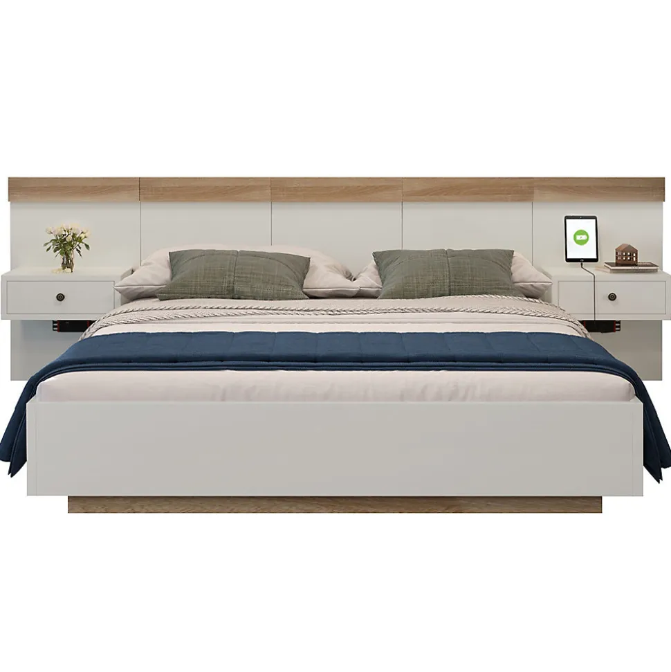 Lit adulte 140x200 cm, lit double avec chevets suspendus, led et prise usb type c, cadre en bois, chêne + blanc (sans matelas)