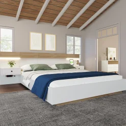 Lit adulte 140x200 cm, lit double avec chevets suspendus, led et prise usb type c, cadre en bois, chêne + blanc (sans matelas)