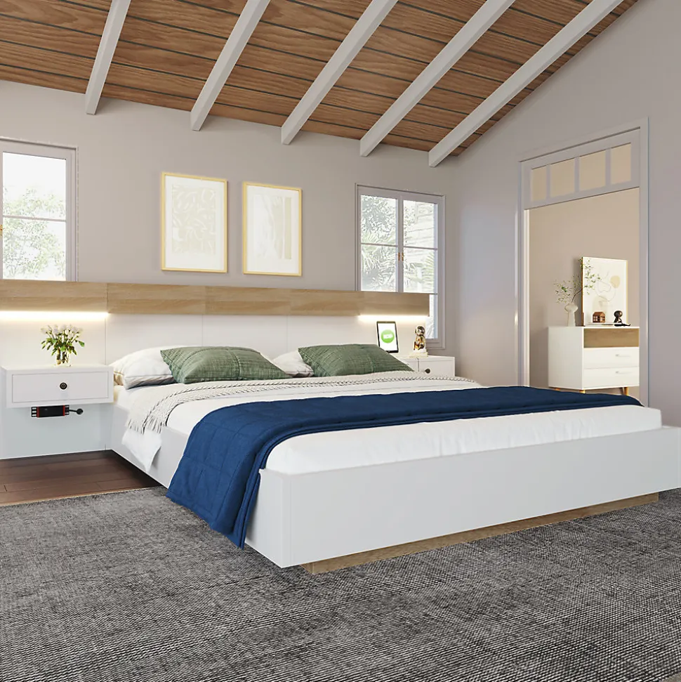 Lit adulte 140x200 cm, lit double avec chevets suspendus, led et prise usb type c, cadre en bois, chêne + blanc (sans matelas)