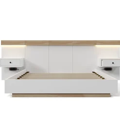Lit adulte 140x200 cm, lit double avec chevets suspendus, led et prise usb type c, cadre en bois, chêne + blanc (sans matelas)