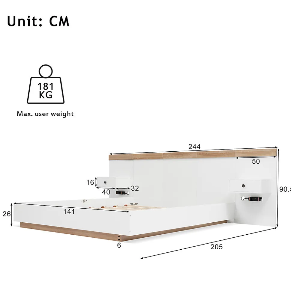 Lit adulte 140x200 cm, lit double avec chevets suspendus, led et prise usb type c, cadre en bois, chêne + blanc (sans matelas)