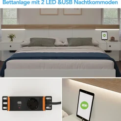 Lit adulte 140x200 cm, lit double avec chevets suspendus, led et prise usb type c, cadre en bois, chêne + blanc (sans matelas)
