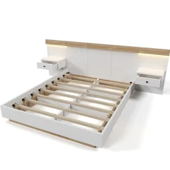 Lit adulte 160x200 cm, lit double avec chevets suspendus, led et prise usb type c, cadre en bois, chêne + blanc (sans matelas)