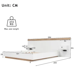 Lit adulte 180x200 cm, lit double avec chevets suspendus, led et prise usb typ c, cadre en bois, chêne + blanc (sans matelas)